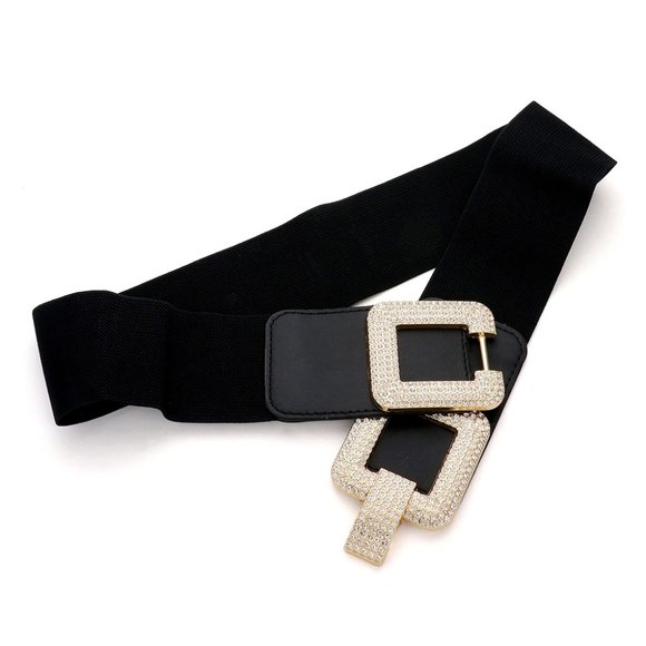 Stone Paved Double Circle Buckle Elastic Belt - Picture 2 of 2